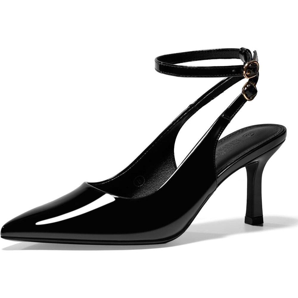 Women's Black Pointed Toe High Heels Slingback Stiletto Ankle Strap Pumps